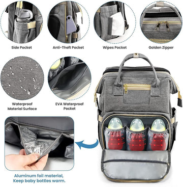 3 in 1 Diaper Bag Backpack - Multi-Functional Travel Organizer With Foldable Bassinet, Portable Crib, Waterproof Large Capacity