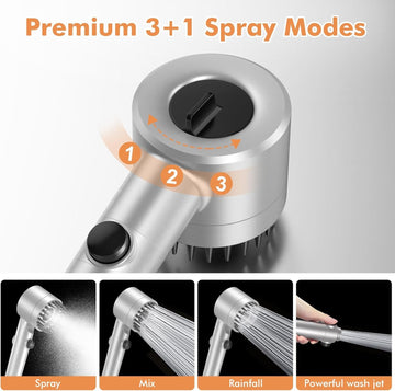 Hard Water Filter Shower Head with 15 Stage Filter, 3+1 Spray Jet Modes High Pressure Shower Head and 1.5m Hose, Handheld Massage Shower Filter for Residual Chlorine Remove Silver