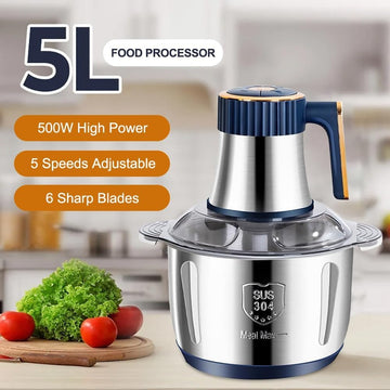 5L Electric Food Chopper,500W Stainless Steel Meat Grinder Electric,5-Speed Mode,Multi-Function Food Processor for Dough Stirring,Onion,Meat,Fruits, Garlic,Vegetables,Baby Food